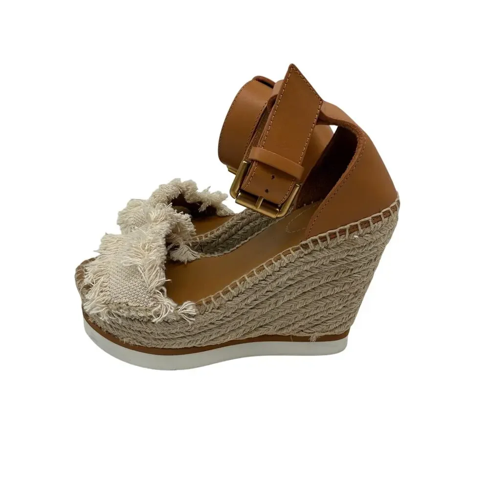 See by Chloé Glyn Leather Canvas Espadrille Wedge Sandals Tan Ivory Women's EU36